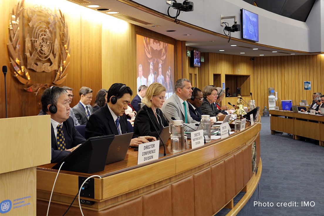 Delegates and officials at the IMO headquarters in London participate in the MEPC 83 plenary session, where Member States debated and approved a framework for maritime carbon targets, including a two-tiered carbon pricing mechanism and emissions reduction goals for international shipping.